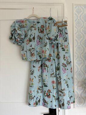 NWT Antonio Melanie Blue and Animal Print Blouse & Skirt Set with Belt